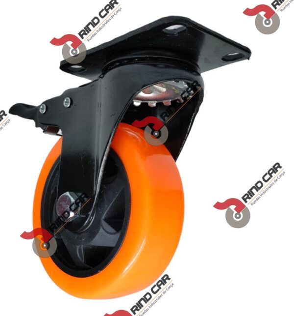 Rueda Rodaja Naranja PU C/Balero Giratoria C/Freno Total. 4" X 1-1/4" Cap.120Kg