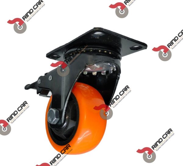 Rueda Rodaja Naranja PU C/Balero Giratoria C/Freno Total. 3" X 1-1/4" Cap.100Kg