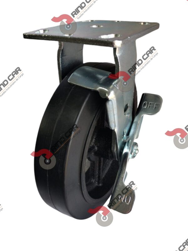 Rodaja Fija con freno 8"x2" fierro hule Vulcanizado cap. 420 Kg