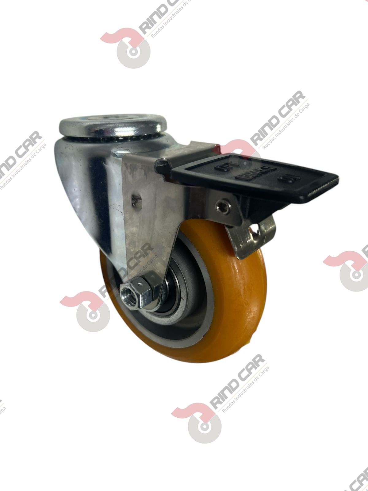 Rodaja Ojillo Con Freno Total De Poliuretano Con Centro De Aluminio 4″x 1-1/4″ CAP. 200 kg