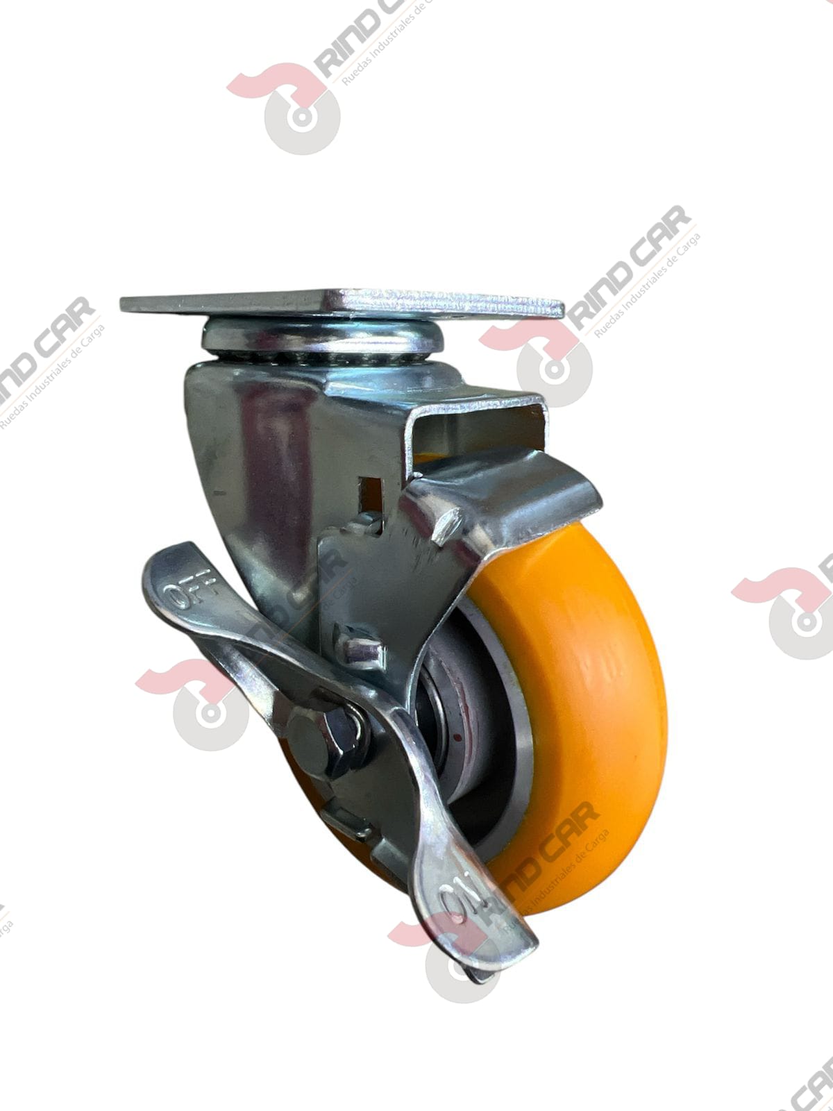 Rodaja Giratoria Con Freno Lateral De Poliuretano Con Centro De Aluminio 4″x 1-1/4″ CAP. 200 kg
