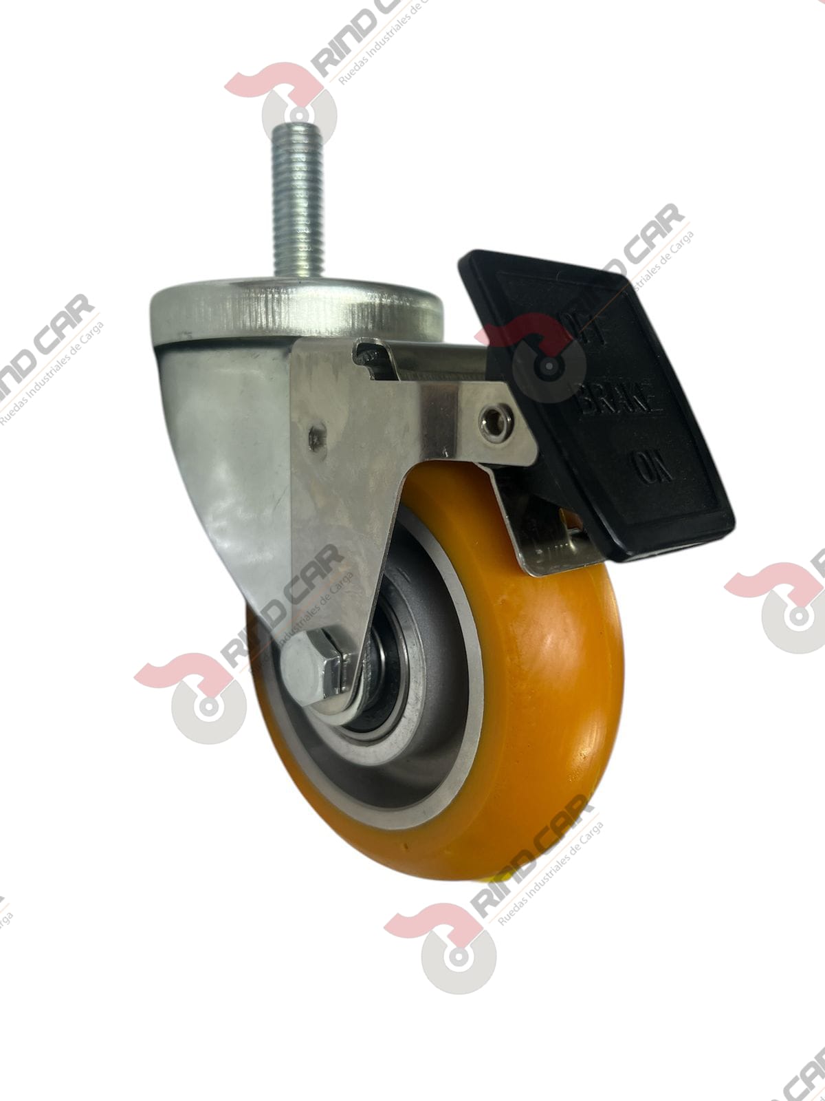 Rodaja Espiga Con Freno Total De Poliuretano Con Centro De Aluminio 4″x 1-1/4″ CAP. 200 kg