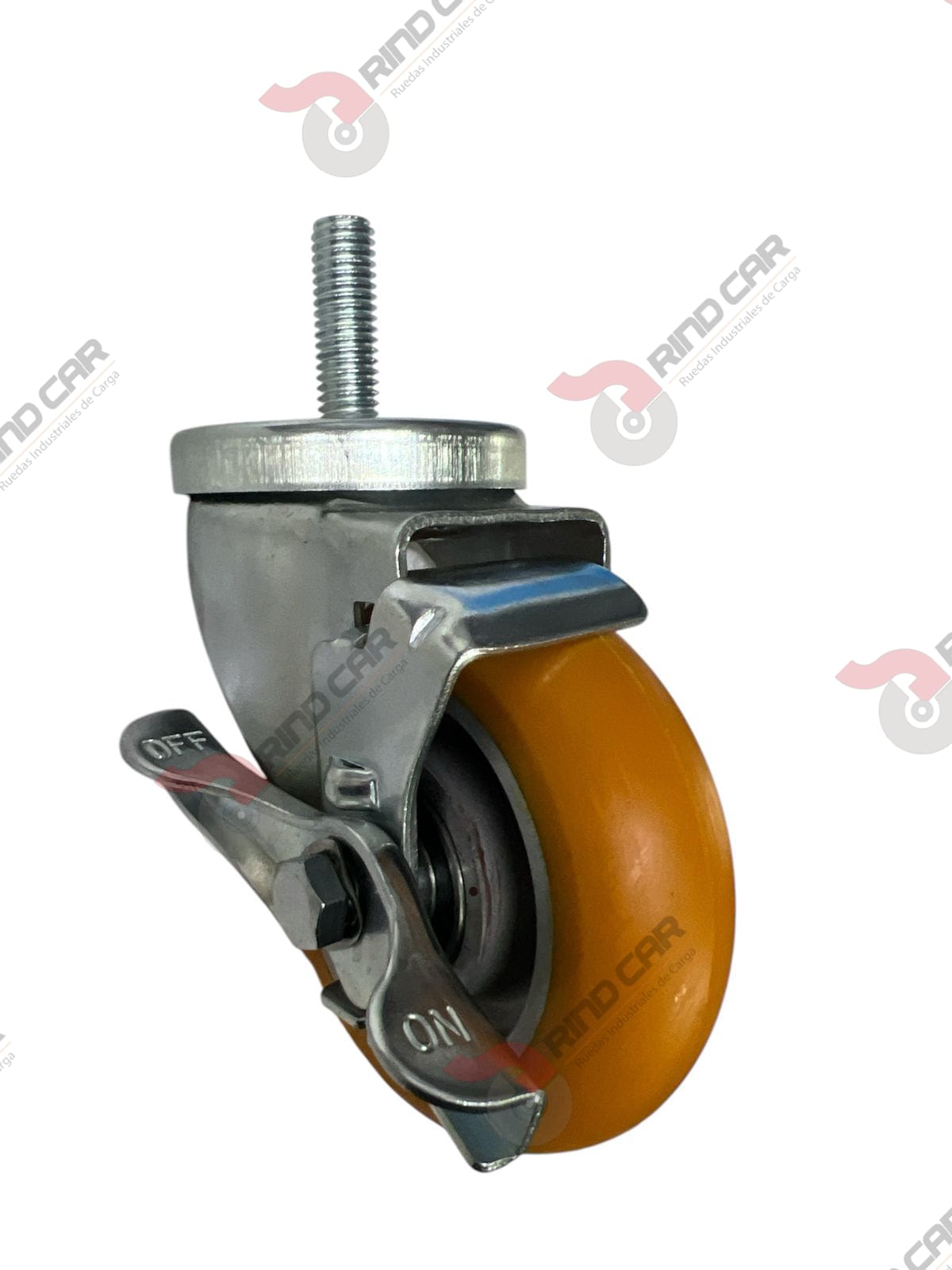 Rodaja Espiga Con Freno Lateral De Poliuretano Con Centro De Aluminio 4″x 1-1/4″ CAP. 200 kg