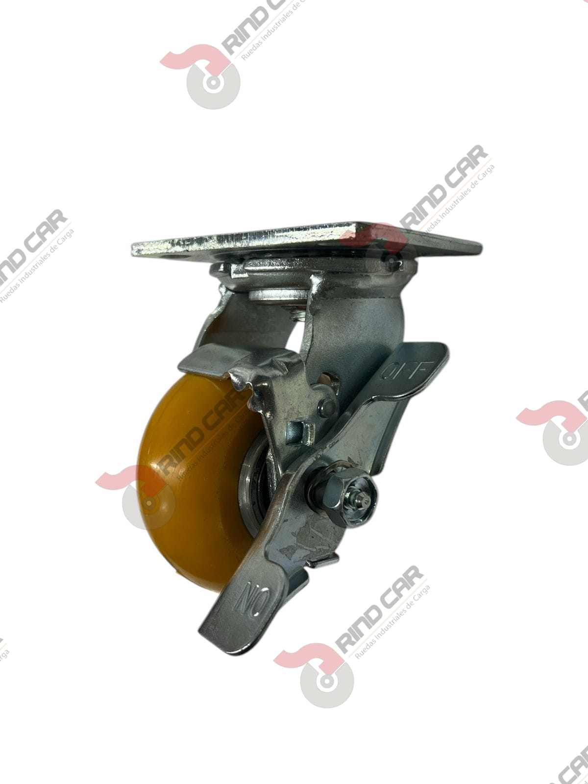 Rodaja Giratoria Con Freno Lateral De Poliuretano Con Centro De Aluminio 4″x 2″ CAP. 400 kg