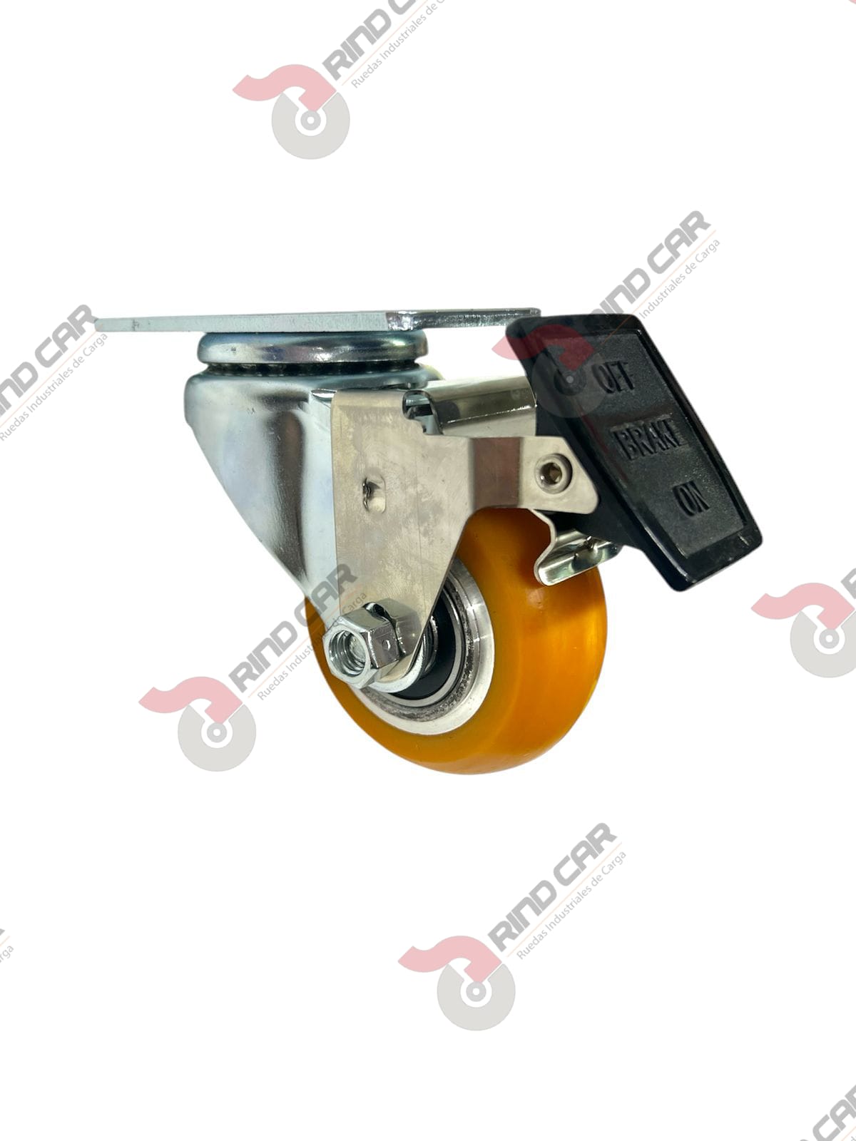Rodaja Giratoria Con Freno Total De Poliuretano Con Centro De Aluminio 3″x 1-1/4″ CAP. 180 kg