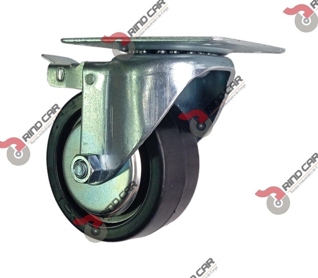 Rueda Rodaja Industrial 4″Rueda De Hule Con Balero, Placa Giratoria y Freno De Pie Cap.140kg