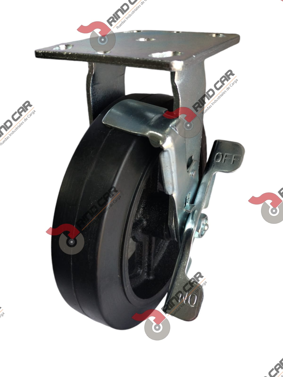 Rodaja Fija con freno 8″x2″ fierro hule Vulcanizado cap. 420 Kg