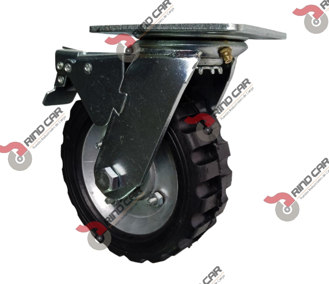 Rueda Rodaja Giratoria de 6″X2-1/8″ Rueda de Hule Industrial y Rin Lamina  Con Freno Total Cap Carga 110Kg