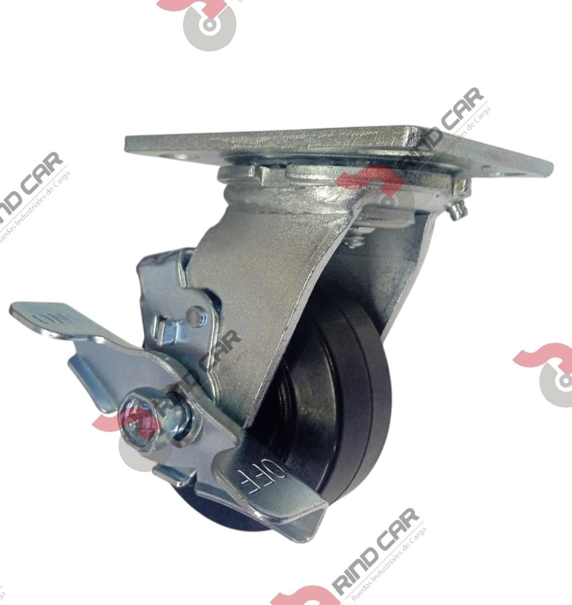 Rodaja Giratoria con freno 4″x2″ fierro hule Vulcanizado cap.180Kg
