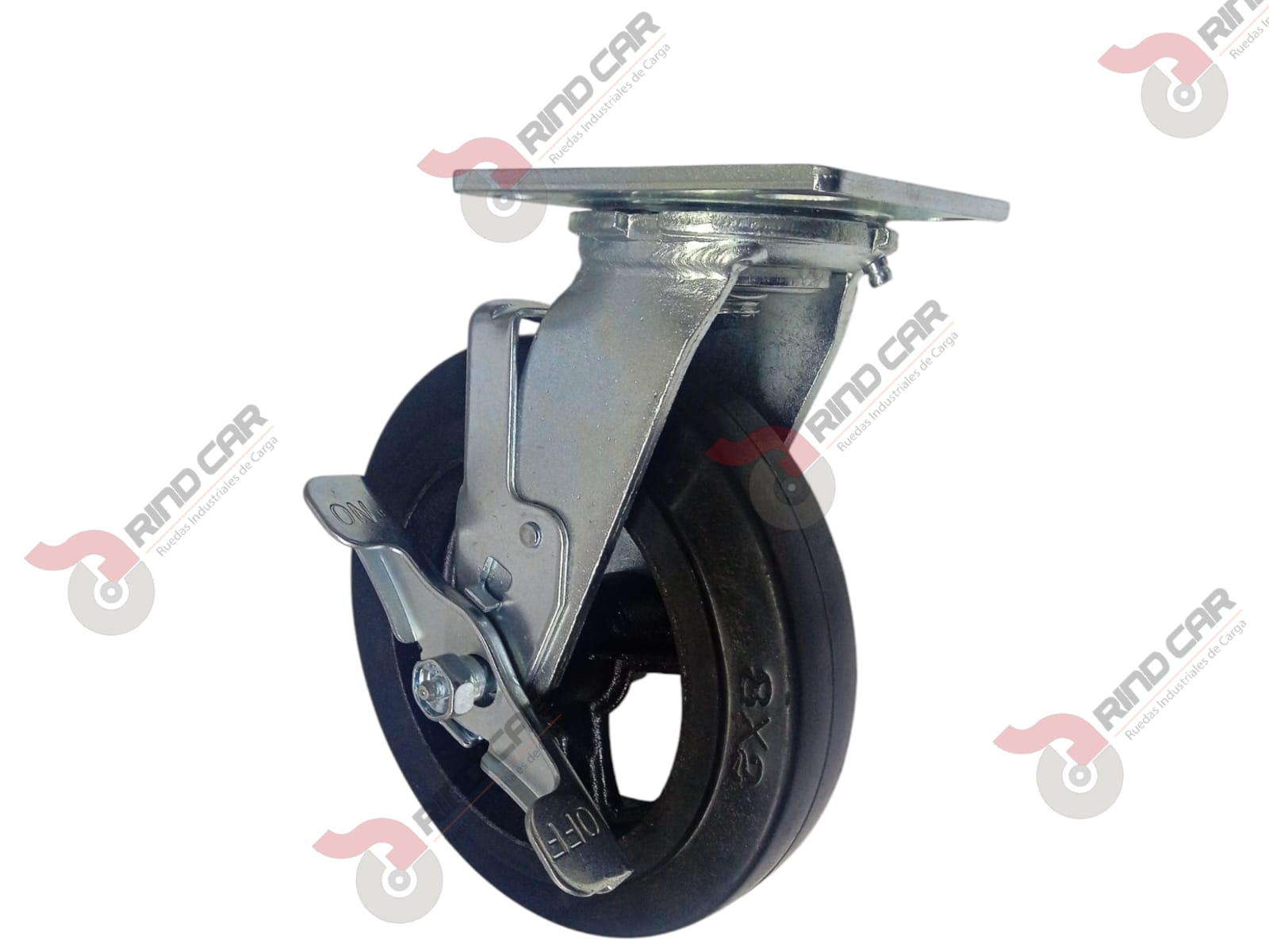 Rodaja Giratoria con freno 8″x2″ fierro hule Vulcanizado cap. 420 Kg