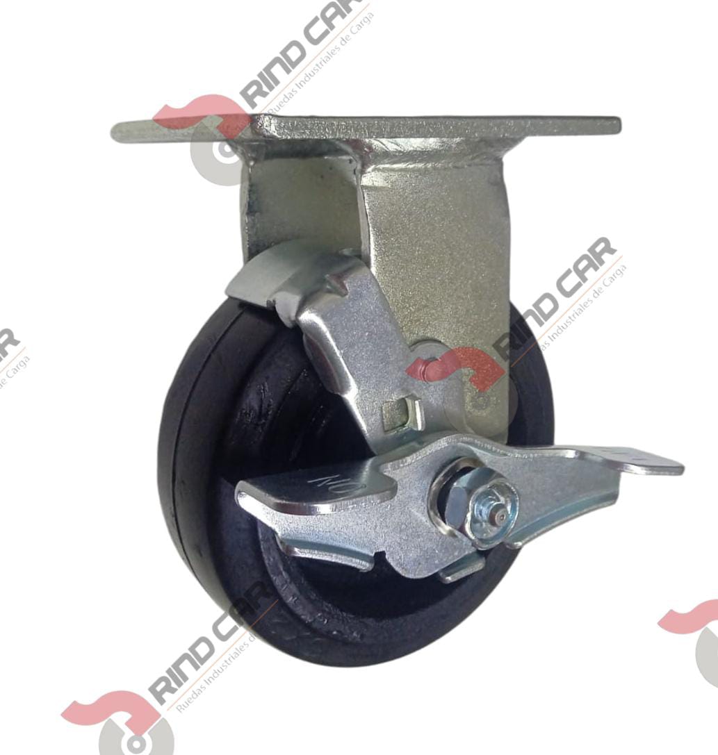 Rodaja Fija con Freno 5″x2″ Fierro Hule Vulcanizado cap.180Kg