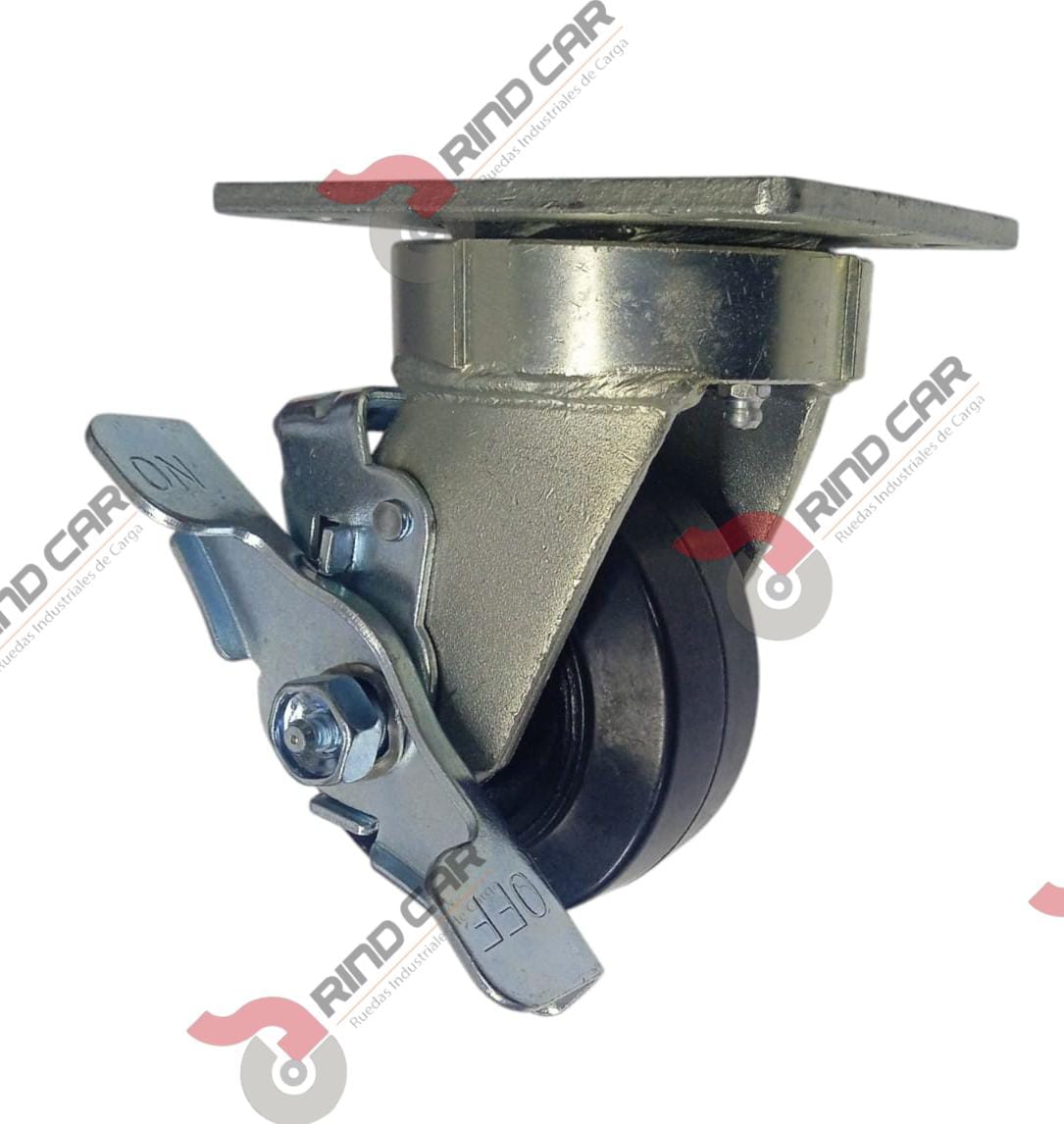 Rodaja Giratoria Alto impacto con Freno 4″x2″ fierro hule Vulcanizado cap.280Kg