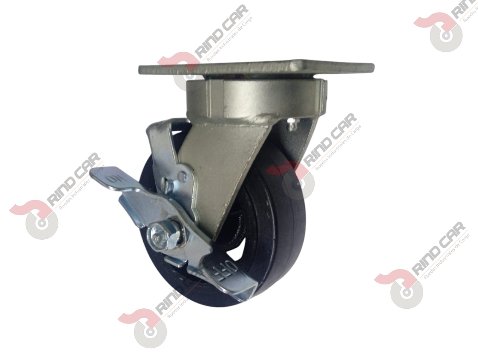 Rodaja Giratoria Alto impacto con freno 5″x2″ fierro hule cap. 280 Kg