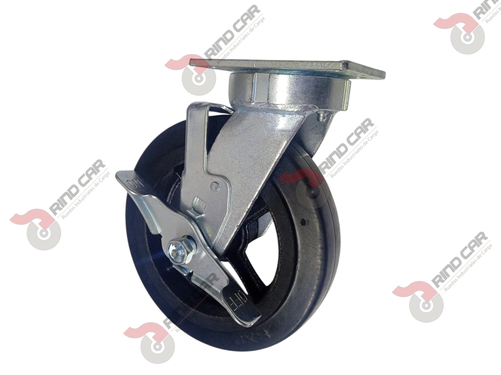 Rodaja Giratoria Alto Impacto con freno 8″x2″ fierro hule Vulcanizado cap. 500Kg