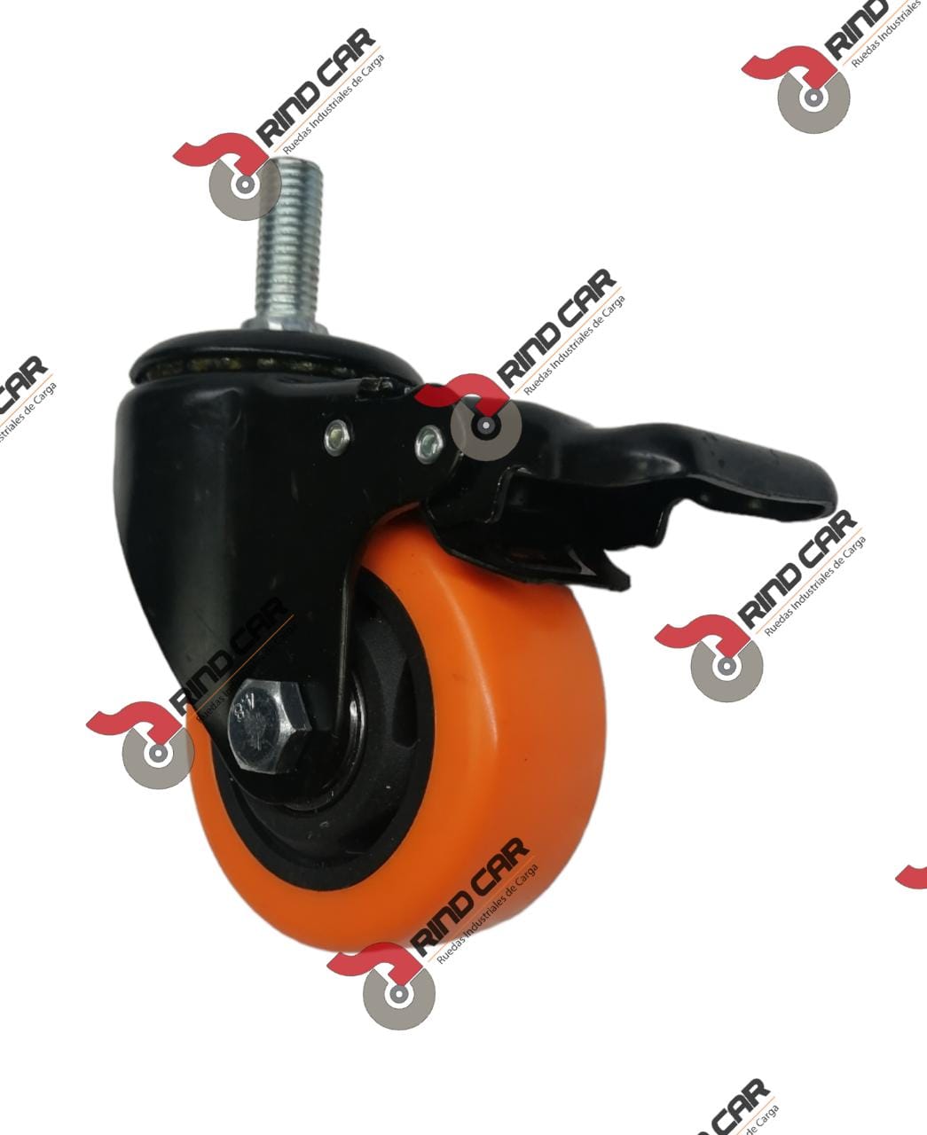 Rueda Rodaja Giratoria 3″ x 1-1/4″Rosca 12mm y Freno Total  Cap.100Kg